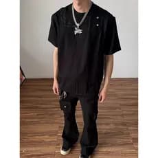 Espinho bordado desconstrução costura camiseta de manga curta masculina Design de verão caixa de sentimento ombro genuín