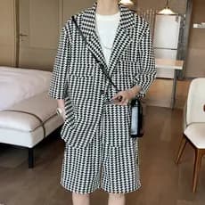 Terno verão High-End sentimento frito rua roupas masculinas Houndstooth nicho Design ins na moda influenciador rua tiro