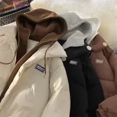 Jaqueta acolchoada com capuz e etiquetagem falsa de duas peças masculina inverno estilo Hong Kong Street Wear ins jaquet