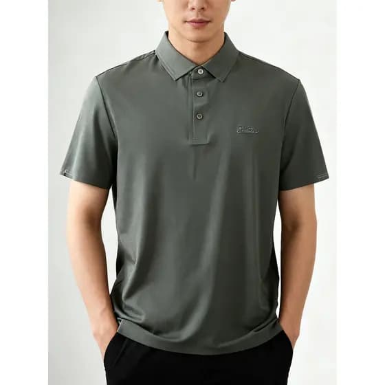 Mar corte etiqueta de seda gelo camisa POLO de manga curta masculina verão estilo fino não-ferro sem costura estiramento