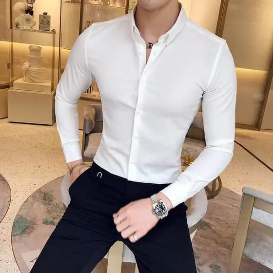 Camisa Formal masculina Casual de negócios sem ferro, manga comprida, Slim Fit, drapeado, camisa elástica listrada ponti
