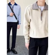 Outono novo estilo contraste cor lapela meio zíper de manga comprida camisa polo de malha camisola masculina Casual topo