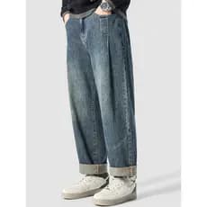 Americano Retro High street elástico lavagem angustiado Jeans masculino solto costura reta pai street Wear calças