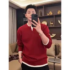 Vermelho ano novo costura falso de duas peças com decote em V camisola masculina outono inverno estilo coreano usar pulô