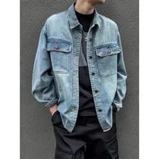 Americano Retro Workwear Denim berinjela camisa masculina de manga comprida estilo Casual solto confortável camisa rua W