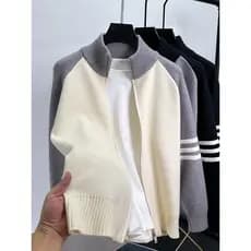 Alta qualidade contraste cor manga Raglan solto Cardigan malhas masculinas outono inverno zíper meia gola alta Swe