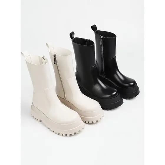 Botas de cano médio com zíper lateral feminino estilo britânico botas curtas de sola grossa botas de chaminé botas única