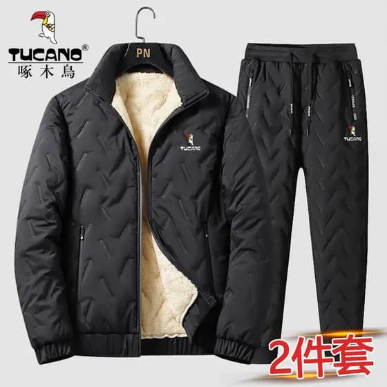 Woodpecker meia-idade idosos lã de cordeiro terno masculino inverno para baixo acolchoado jaqueta pai escovado calças de