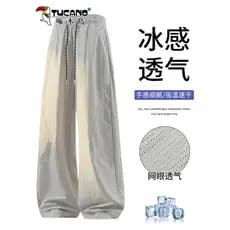 Woodpecker calças casuais de seda gelo masculino 2026 verão fino solto reto Tether respirável de secagem rápida calças d