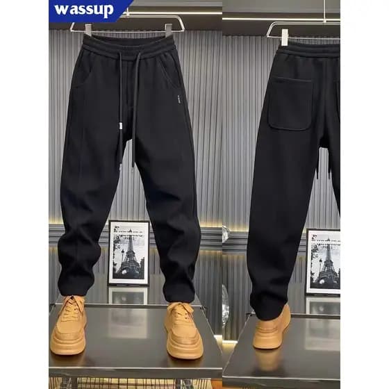 WASSUP Inverno Novo Estilo Cor Sólida All-Match Calças Casuais Masculinas Forro de Lã Calças Engrossadas Calças Harém co