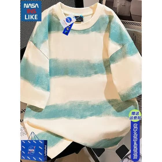 NASA Co-Branded 280g Pesado Puro Algodão Tie-Dye Listrado Camiseta de Manga Curta Homens Mulheres Verão Solto Casual Cas