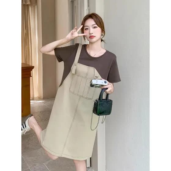 Francês Retro idade-reduzindo cáqui falso vestido de alça de duas peças feminino 2025 verão solto Casual único saia linh