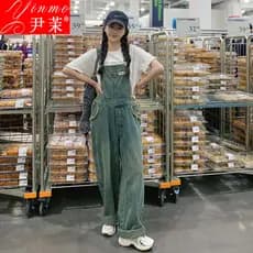 Retro lavado angustiado macacão jeans feminino verão Design solto cintura alta idade-reduzindo macacão de perna larga