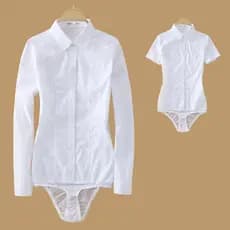 Camisa branca de manga comprida de uma peça elástica Anti-reflexo de manga curta feminina camisa de uma peça entrevista