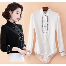 Novo estilo fungo borda gola alta magro-ajuste Chiffon macacão senhoras elegantes camisa contínua de manga comprida