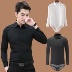 Novo macacão masculino sem ferro camisa magro-ajuste negócios profissional entrevista terno branco preto azul longo mang