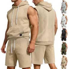 Terno sem mangas masculino terno sem mangas masculino sem mangas de malha com capuz Casual esportes colete Shorts terno