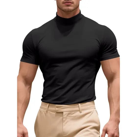 Europeu americano masculino estilo Casual camiseta moda meia gola alta fino ajuste cor sólida pulôver camisa de fundo Tr