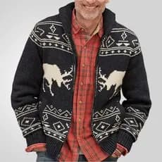 Europeu americano novo estilo masculino outono inverno estilo preto cervos Jacquard camisola com zíper de manga comprida