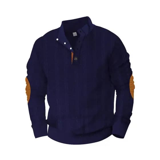 Europeu americano masculino primavera outono moda pulôver pesado Jacquard botão gola remendo Henry manga longa ao ar liv