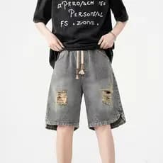 Americano Retro lavado angustiado Street Wear rasgado Denim Shorts masculino verão solto em linha reta cinco pontos calç