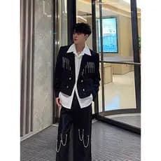 Preto curto terno jaqueta masculina Street Wear borla corrente nicho Design sentir Gypsophila bonito almofada de ombro p