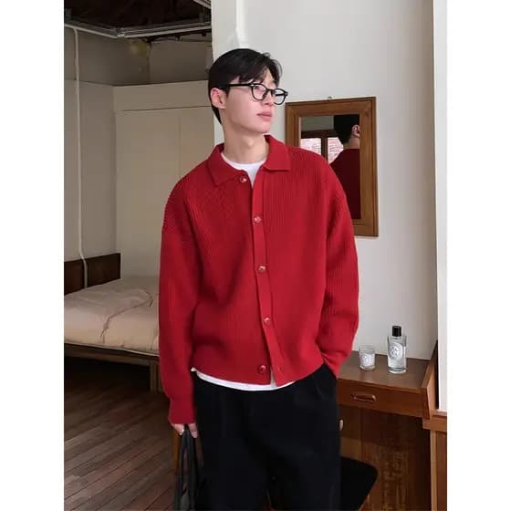 Grande camisola vermelha de malha Cardigan masculino primavera outono High-End sentido estilo coreano na moda lapela Ben