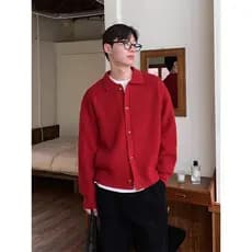 Grande camisola vermelha de malha Cardigan masculino primavera outono High-End sentido estilo coreano na moda lapela Ben