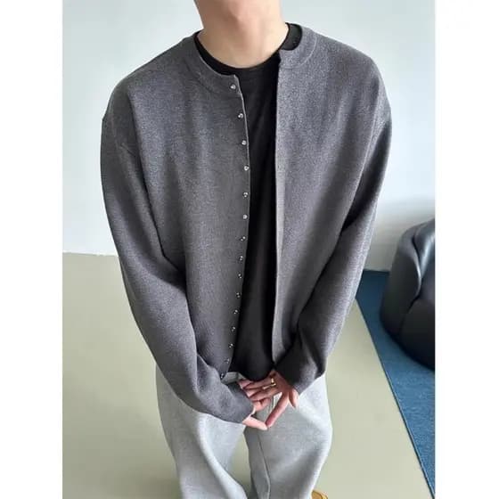 High-End Metal abotoado malha Cardigan camisola jaqueta masculina outono inverno perfil Design solto malha Sw