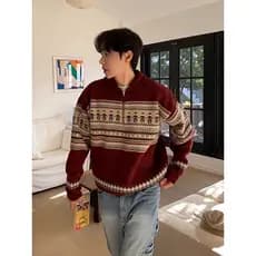 Phil Island Meio Zíper Gola polo Vermelho Benming Ano Suéter Masculino Inverno Versão Coreana Suéter Moderno Jaqueta de