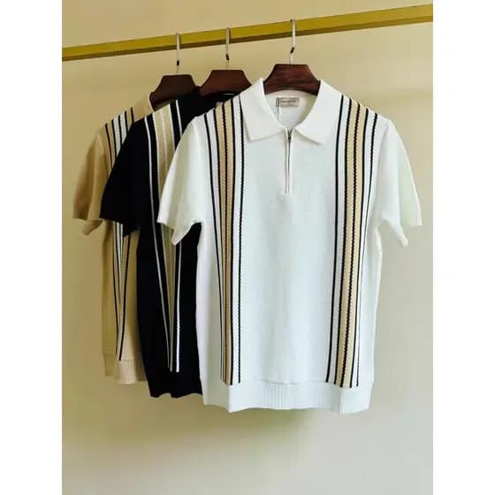 2025 verão novo estilo estilo britânico listras verticais de malha camisa POLO de manga curta masculina contraste cor Ca