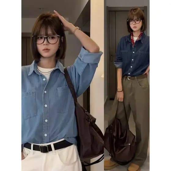 Retro estilo coreano camisa jeans masculina High-End jaqueta Casual retro lavado azul escuro camisa de manga comprida ma