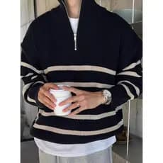 Moda masculina zíper preto branco listrado camisola masculina gola outono inverno novo estilo versão coreana solto pulôv