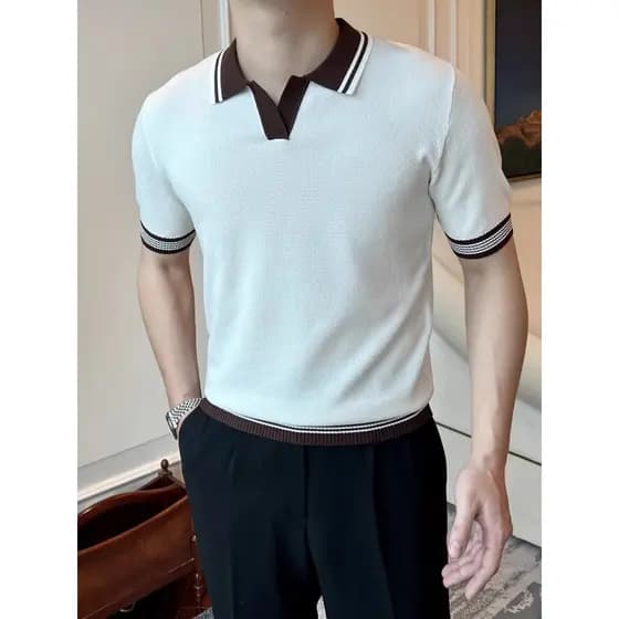 Verão novo estilo de malha camisa POLO masculina britânico Retro lapela High-End contraste cor magro-ajuste de manga cur
