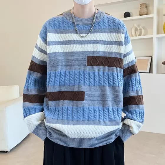 Suéter masculino de cor mista com padrão torcido, outono inverno, novo estilo, gola redonda, suéter solto e bonito para