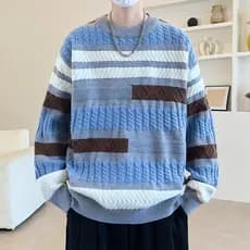 Suéter masculino de cor mista com padrão torcido, outono inverno, novo estilo, gola redonda, suéter solto e bonito para