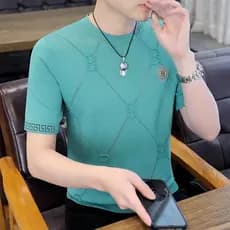 Verão novo estilo de seda gelo manga curta r-camisa masculina High-End versão coreana magro ajuste mais magro olhar na m