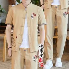 Terno de linho de verão masculino Tang terno Casual estilo chinês algodão linho manga curta camiseta 2026 novo estilo v