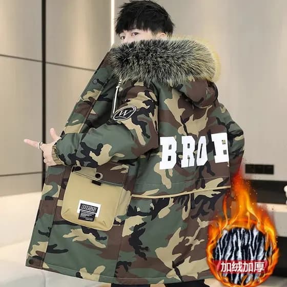 Jaqueta Pai de comprimento médio, forro de lã de inverno masculino, jaqueta camuflada espessada, casaco militar com capu