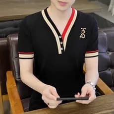 Camiseta masculina de manga curta de seda gelada com decote em V masculina Slim Fit na moda bonito verão bloco de cores