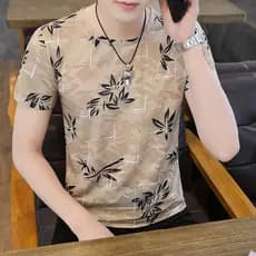 Camiseta masculina de verão de manga curta de seda gelo 2026 novo estilo oco impresso meia manga camisa de fundo magro-