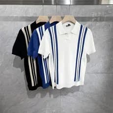 Verão novo estilo listrado contraste cor lapela de malha com decote em V meia manga seda gelo respirável Casual All-Matc