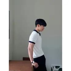 Cor combinando camisa polo de malha de manga curta camiseta masculina verão estilo coreano Jacquard textura Design fino-
