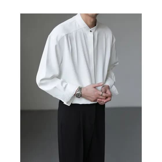 High-End Drape novo estilo chinês gola alta camisa de manga comprida masculina primavera outono topo na moda solto não-f