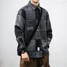 Outono inverno japonês Retro costura camisa xadrez masculina escovada de manga comprida Casual engrossado All-Match cami