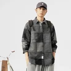 Outono masculino na moda ins único interessante cor combinando verificação remendo camisa engrossado quente rufião bonit