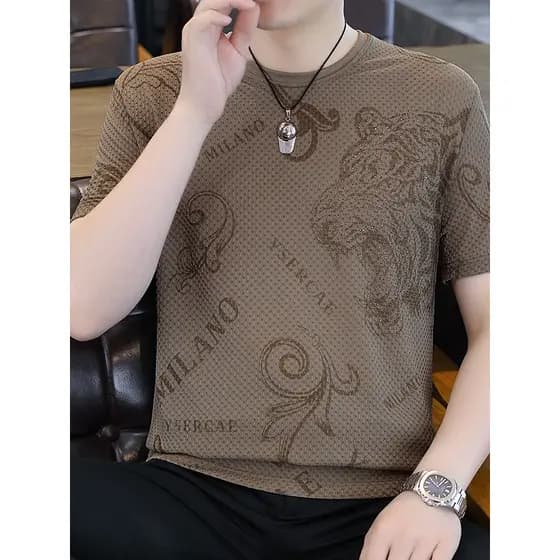 2026 verão novo estilo masculino seda gelo manga curta camiseta moda na moda europeu em torno do pescoço meia manga t-