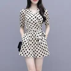 Verão novo estilo pequenas senhoras macacão fino-ajuste mais magro olhar elegante Chiffon com decote em V Polka Dot maca