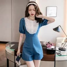 Verão francês novo estilo pequeno bodysuit feminino cintura alta magro-ajuste Denim de manga curta bodysuit Shorts terno