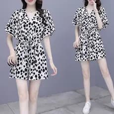 Verão novo estilo francês pequeno macacão de uma peça feminino elegante de uma peça Chiffon com decote em V Polka Dot ma